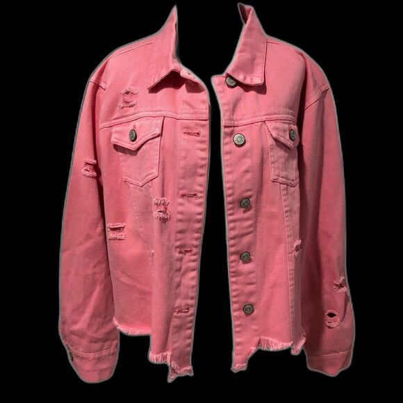 NWT White Birch Black Label Pink Distressed 100% Cotton Oversized Denim Jacket M - Picture 1 of 13